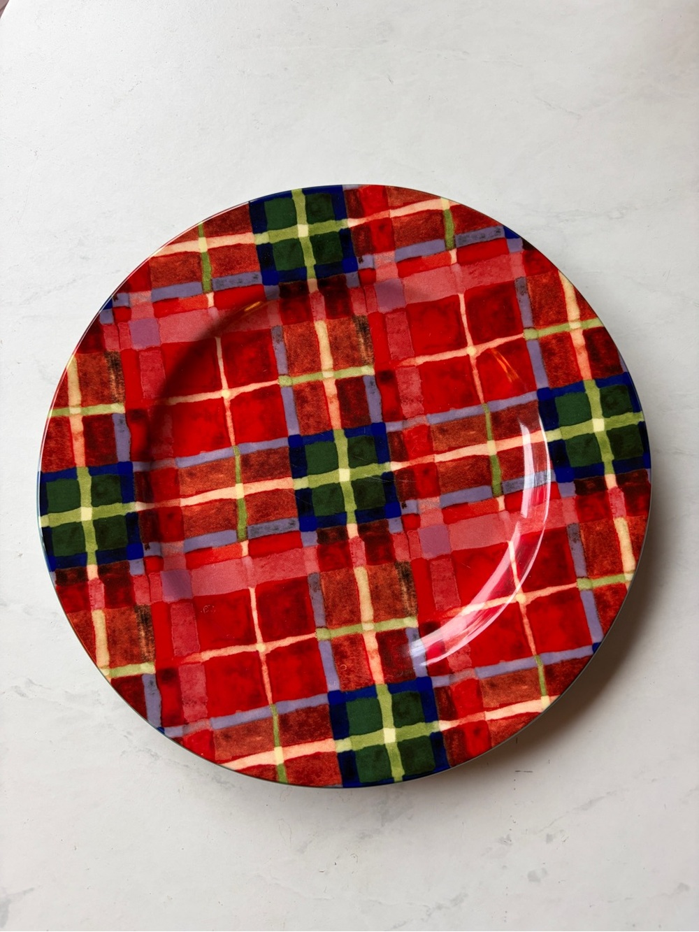 NWT Anthropologie Tartan Stoneware Dessert Plate, Hand-Painted, Red